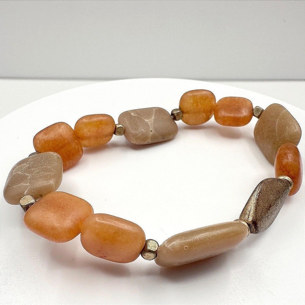 Vintage Orange Brown Stone Bead Stretch Bracelet Chunky Cushion Spacer Boho Y2K